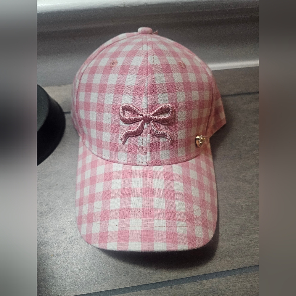 Pink Gingham Cap with Bow Embroidery